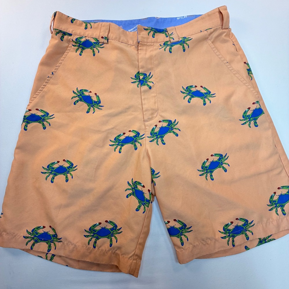 Bermuda Styles Mens 34 Crab Print Shorts Orange Blue Coastal Preppy 8" Inseam